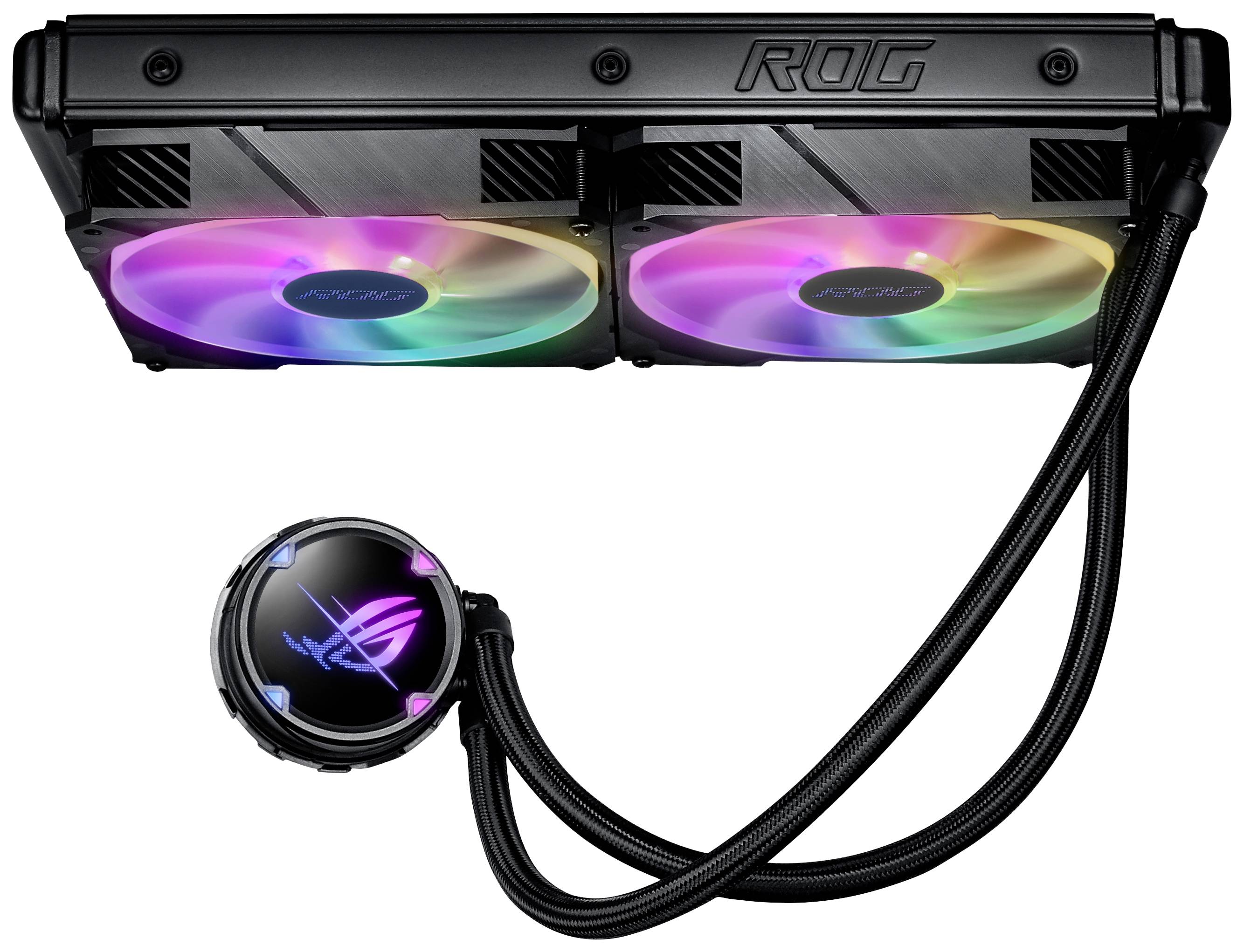 System chłodzenia z podświetlanymi wentylatorami i elastycznymi przewodami, widoczna marka. Odpowiedni dla sprzętu komputerowego.