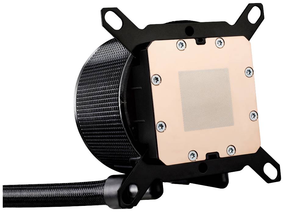 Duży, kwadratowy radiator miedziany z śrubami mocującymi, przymocowany do czarnego, żebrowanego cylindra, widziany z boku.