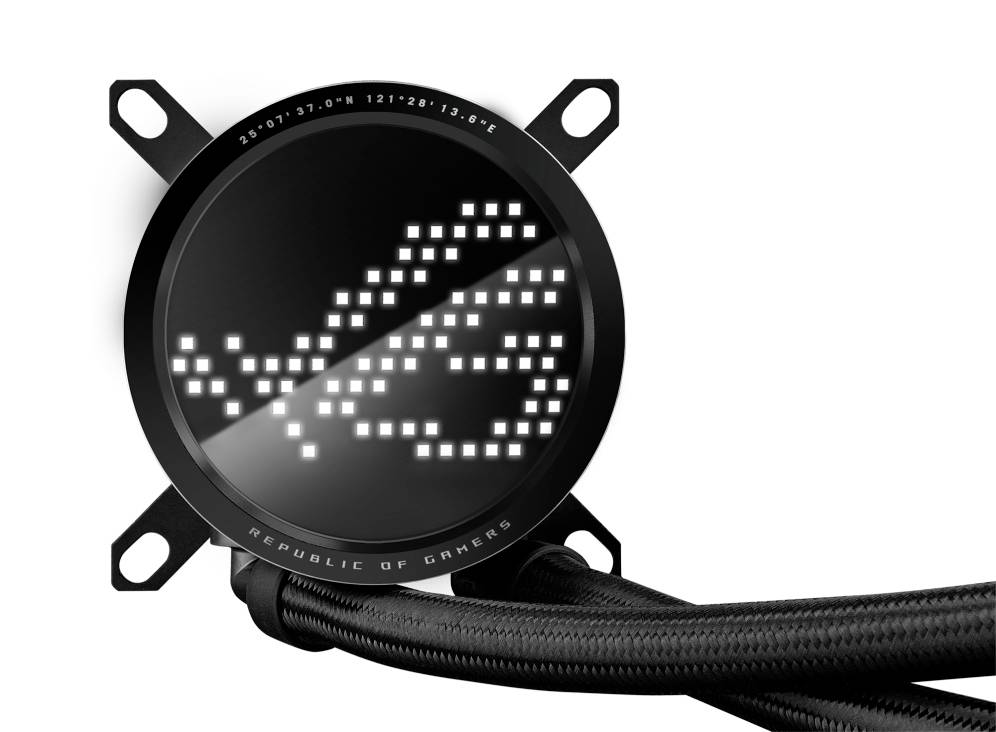 Okrągły czarny radiator procesora z świecącą wyświetlaczem matrycowym, który pokazuje '45'. Kable są podłączone od dołu.