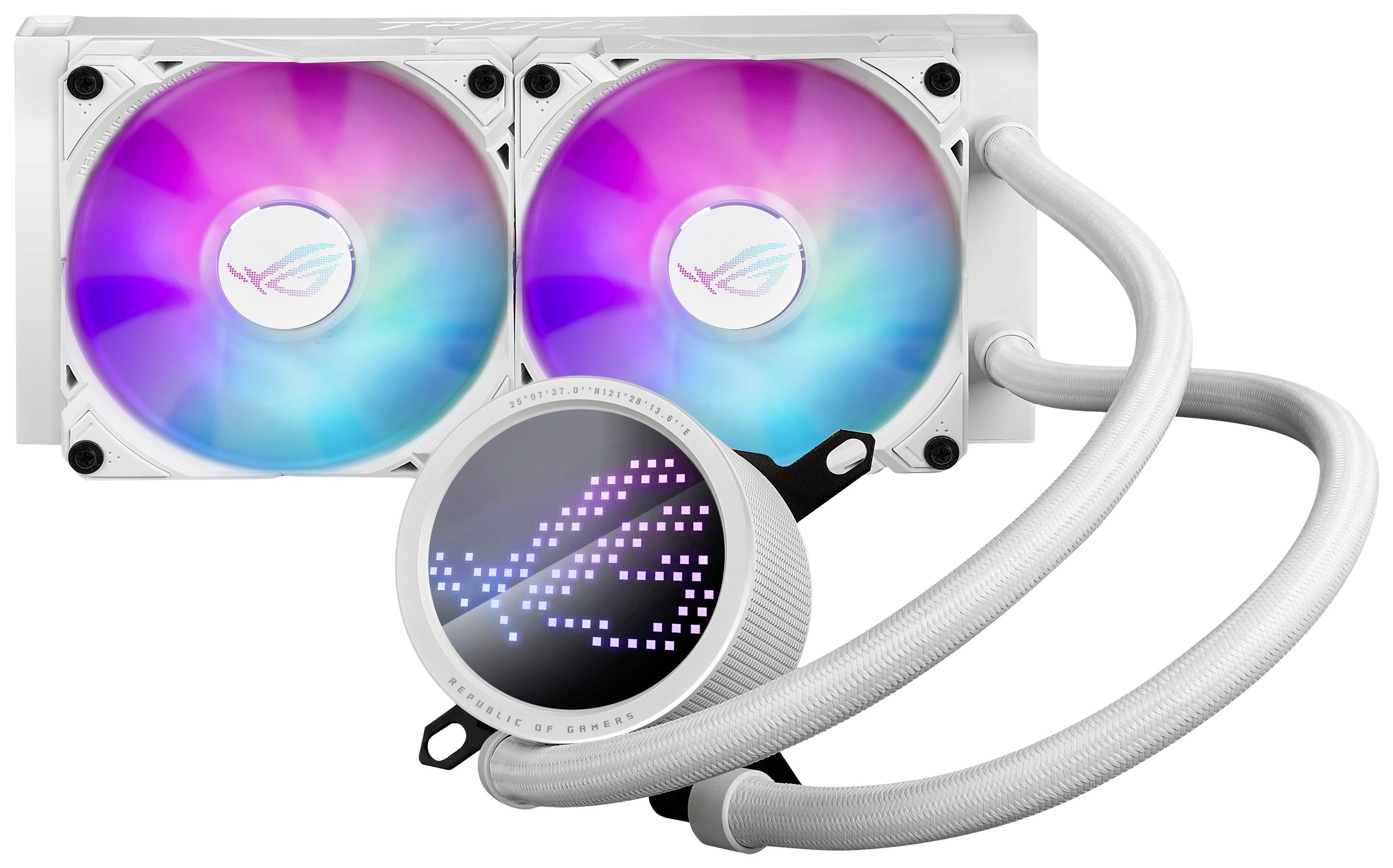 System chłodzenia wodnego z dwoma świecącymi wentylatorami i obudową pompy z widocznym logo marki. Elastyczne przewody łączą poszczególne elementy.