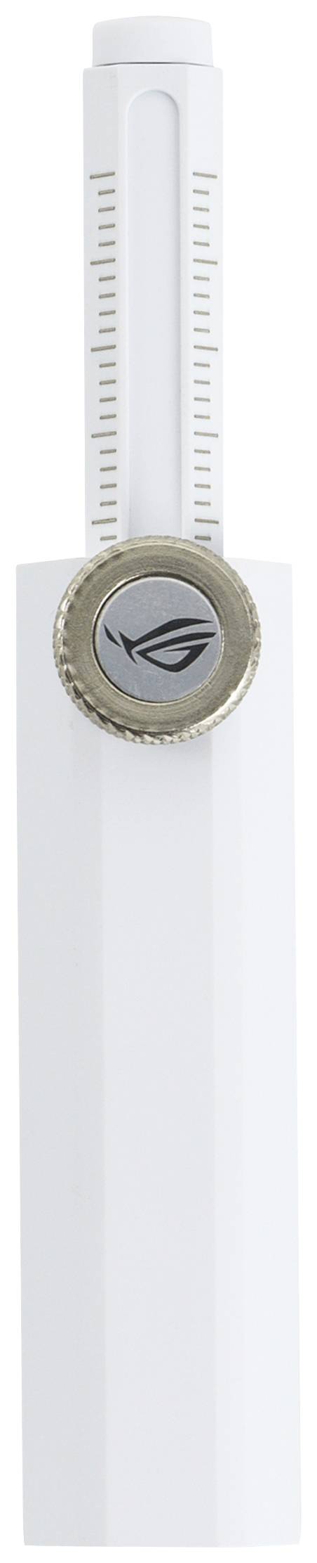 Biały, prostokątny obiekt z obrotowym metalowym pokrętłem i naniesioną skalą na mechanizmie przesuwnym.