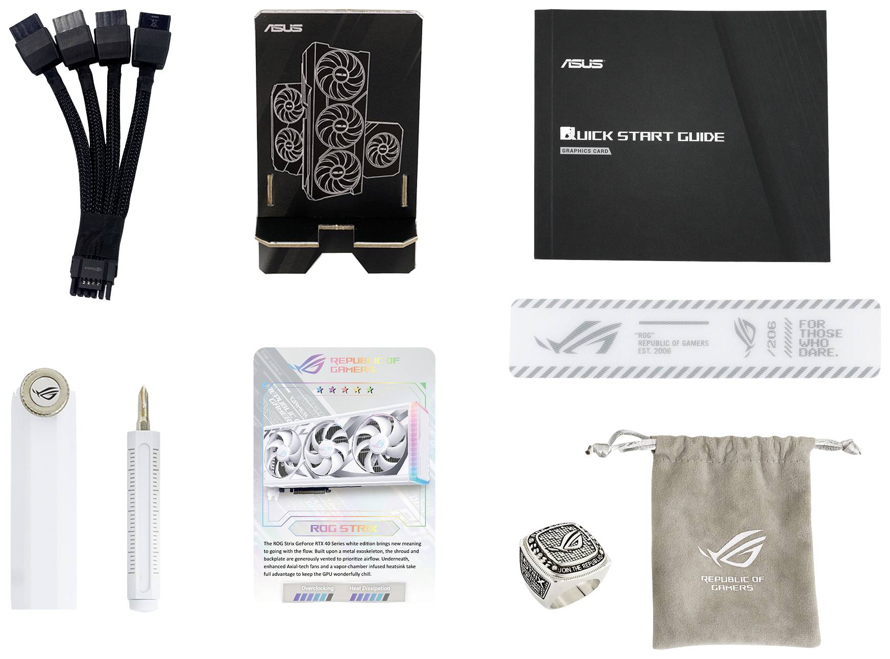 Zawartość opakowania karty graficznej do gier: kabel, instrukcja szybkiego startu, uchwyt karty graficznej, narzędzie i kamień kolekcjonerski.