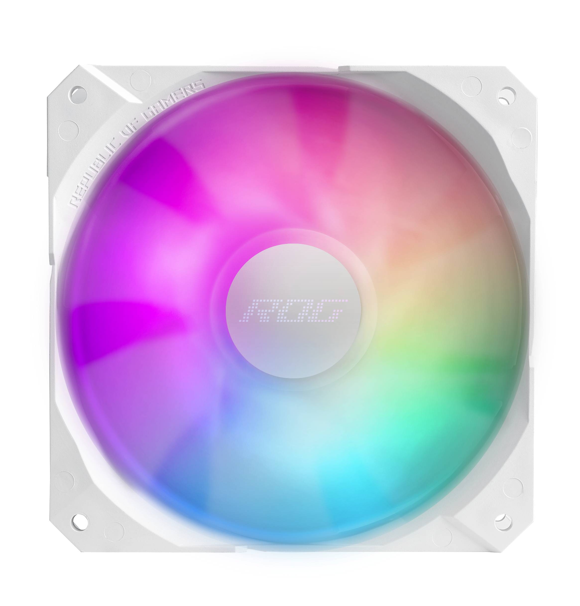 Biały wentylator komputerowy z kolorowym podświetleniem RGB, świecący w kolorach tęczy. Pośrodku widnieje napis 'ROG'.