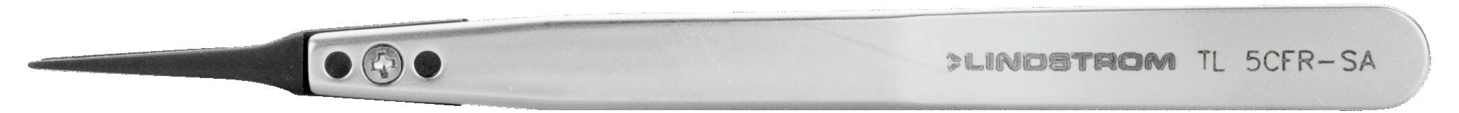 Precyzyjna pęseta srebrna ze špiczastym czubkiem, z grawerowanym napisem 'LINDSTRÖM 7L 7590-SA' na rękojeści.