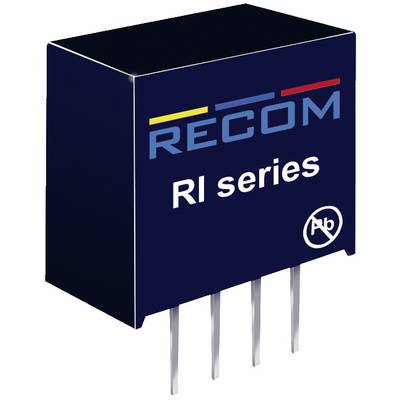 Elektroniczny element 'RECOM RI series' z czterema stykami, obudowa w kolorze niebiesko-czarnym, żółto-czerwono-niebieskie logo na górze.