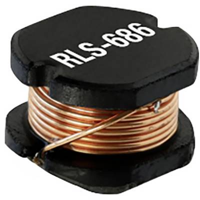 Indukcyjność oznaczona symbolem 'RLS-686', składająca się z przewodu miedzianego nawiniętego na czarnym rdzeniu z tworzywa sztucznego. Element elektroniczny stosowany w obwodach elektrycznych.