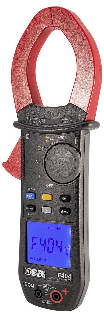 Amperomierz cęgowy w czerwono-czarnym designie, z wyświetlaczem cyfrowym i przełącznikiem obrotowym do pomiaru prądów elektrycznych.