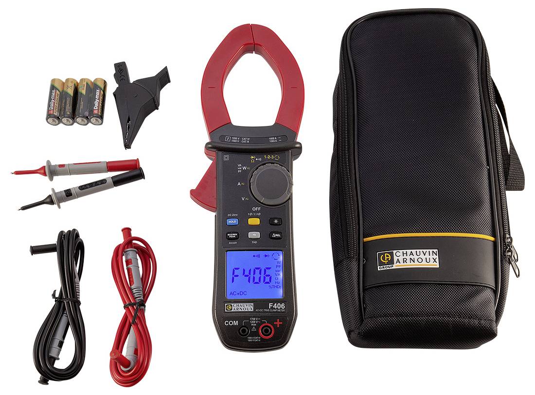 Zestaw miernika z cęgami, przewodami, sondami pomiarowymi i torbą. Wyświetlacz pokazuje 'F406'.
