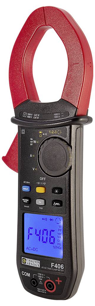 Cyfrowy multimetr cęgowy z otwartą czerwoną głowicą cęgową i podświetlanym wyświetlaczem. Pokazuje dane pomiarowe i jest używany do pomiaru prądu.