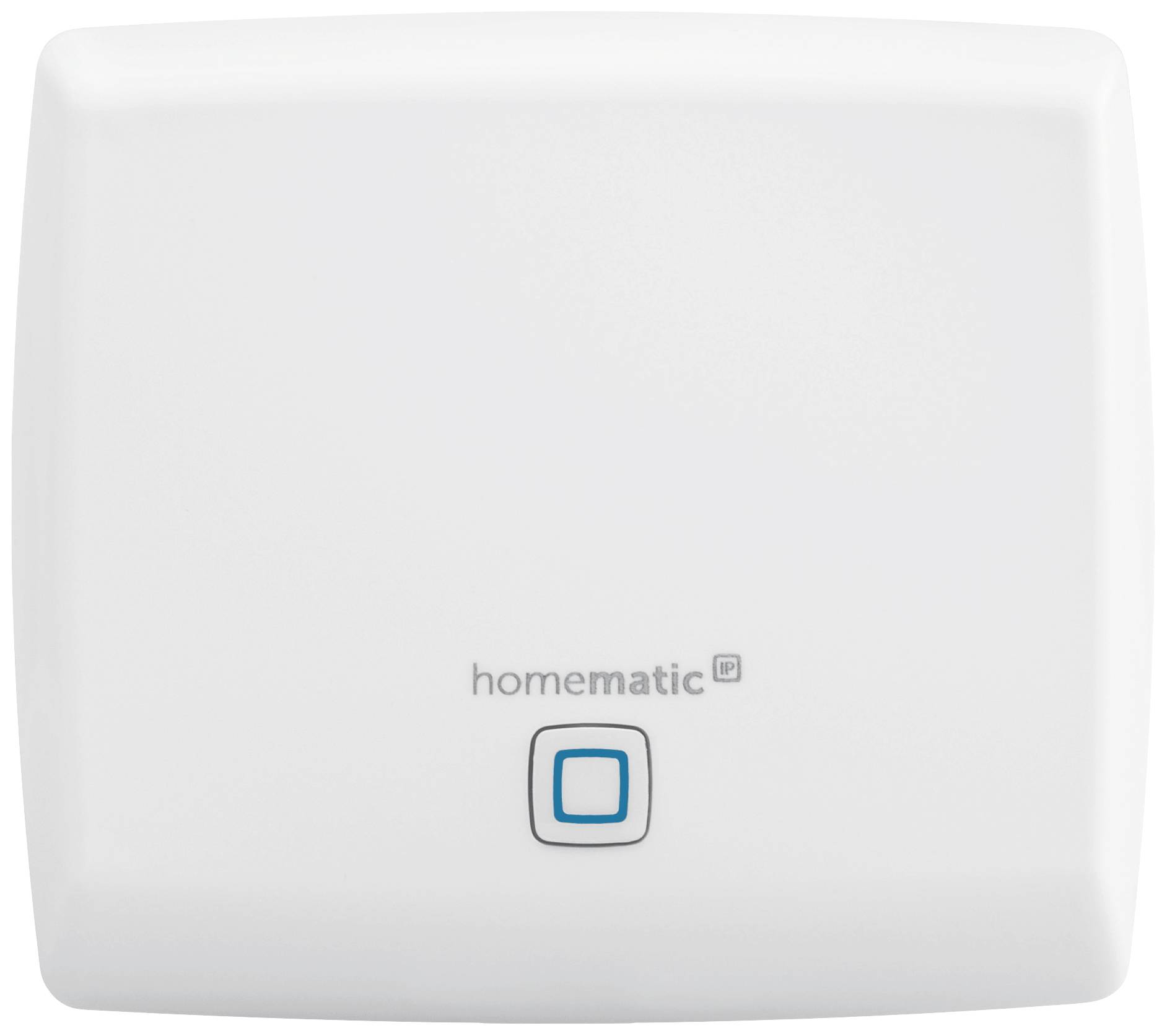 Kwadratowe, białe urządzenie z logo 'homematic IP' i niebieskim kwadratowym przyciskiem pośrodku.