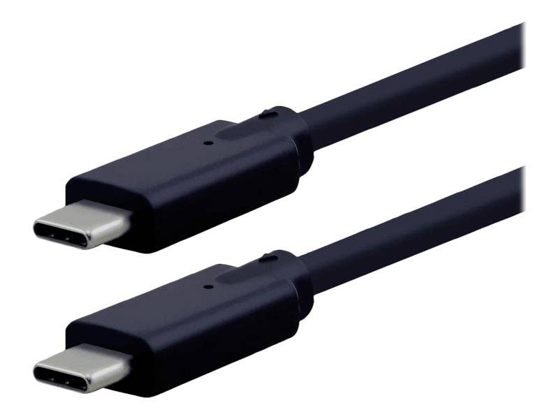 Dwa czarne przewody USB-C ułożone obok siebie, oba z wtyczkami USB-C na końcach, przeznaczone do przesyłania danych i ładowania.