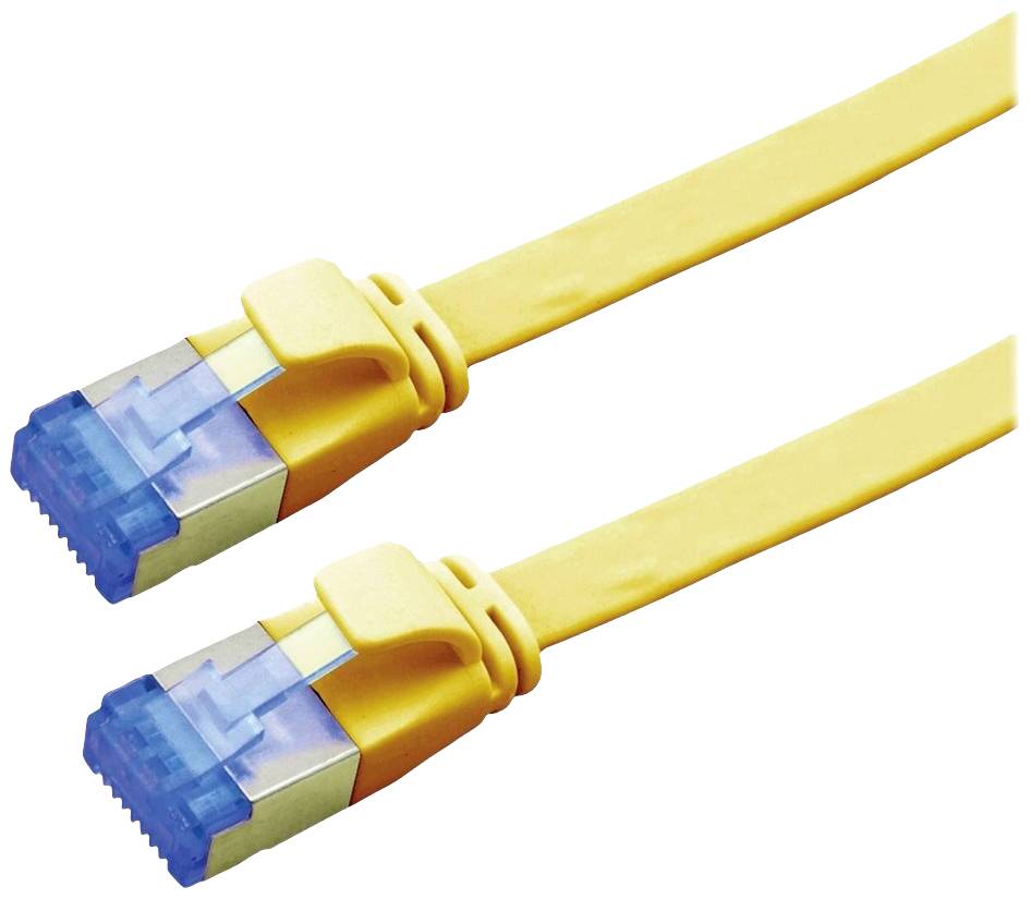Dwa żółte kable Ethernet z niebieskimi wtykami na białym tle. Są ułożone obok siebie.