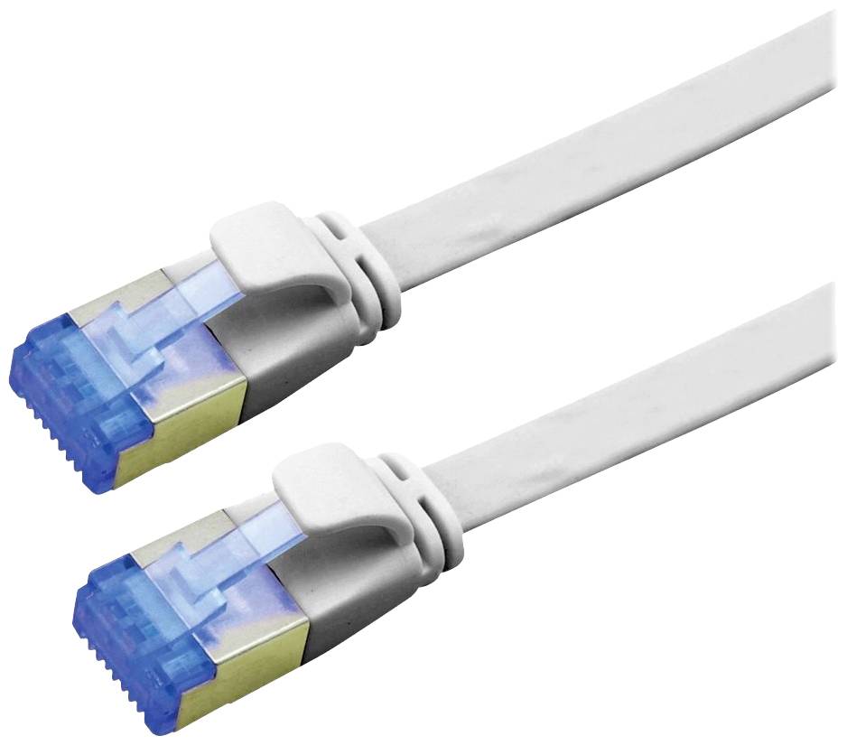 Dwa białe kable Ethernet z niebieskimi wtykami, używane do podłączenia sieci, leżą równolegle obok siebie.