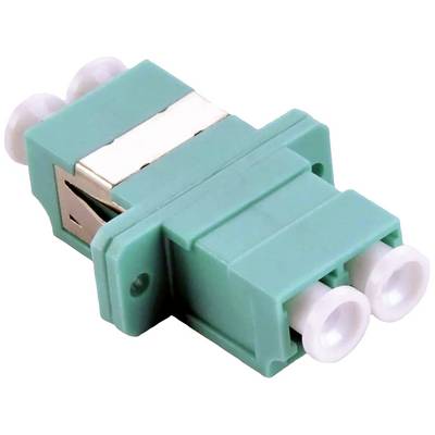 Turkusowy adapter światłowodowy LC z dwoma otworami przyłączeniowymi, stosowany do łączenia kabli światłowodowych.