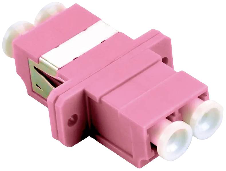 Różowa, światłowodowa złączka optyczna z podwójnym gniazdem, specjalnie zaprojektowana do łączenia kabli światłowodowych.