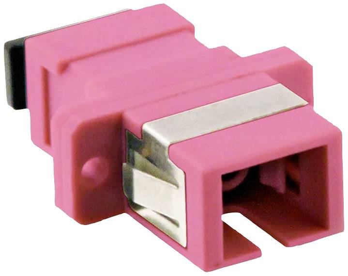 Różowy adapter światłowodowy o prostokątnym kształcie z metalowymi złączami, odpowiedni do połączeń kabli światłowodowych.