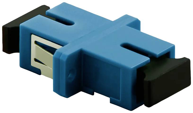 Niebieski adapter światłowodowy LC z dwoma otworami i czarnymi zakończeniami, przeznaczony do łączenia kabli światłowodowych.