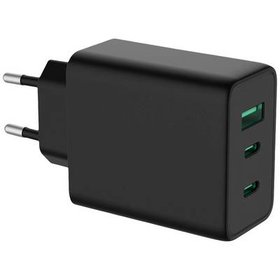 Czarna ładowarka z dwoma portami USB-C i jednym portem USB-A, przeznaczona do szybkiego ładowania różnych urządzeń elektronicznych.
