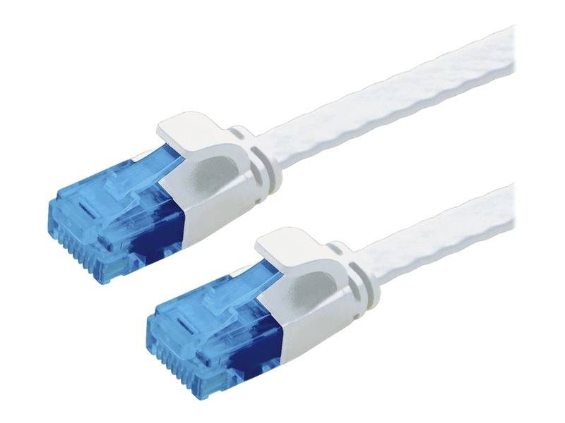Dwa niebieskie wtyki Ethernet podłączone do białego kabla, używane do przesyłania danych w sieciach.
