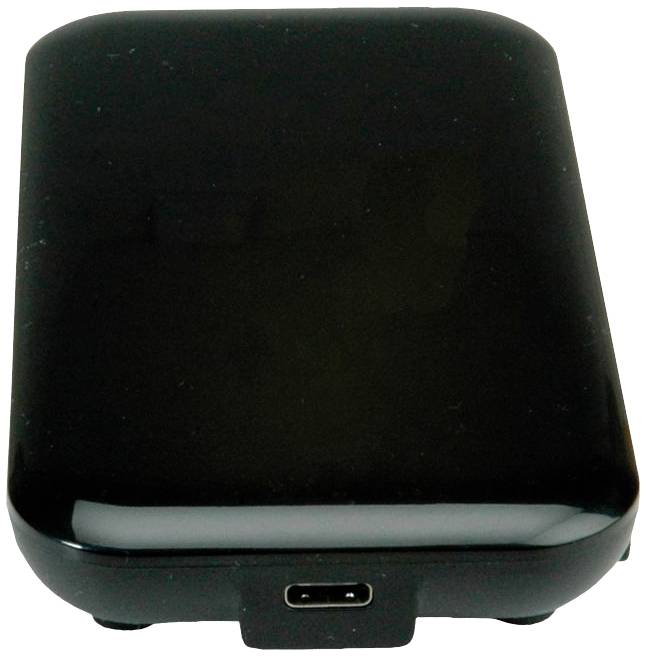 Czarny, prostokątny, przenośny powerbank z gniazdem USB-C na dolnej stronie. Powierzchnia o wysokim połysku.