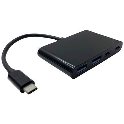 Czarny hub USB-C z dwoma portami USB-A i dwoma portami USB-C. Kabel adapter po lewej stronie.