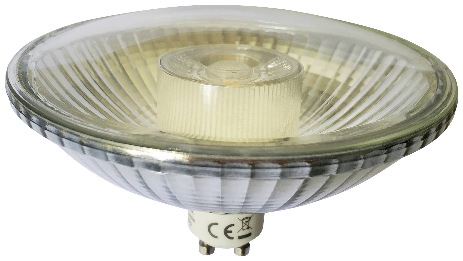 Lampa LED z oprawką GU10, okrągły kształt, przezroczysta obudowa, odpowiednia do energooszczędnego oświetlenia.