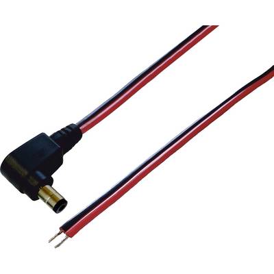 Czarny kabel adapter z wtyczką kątową oraz dwoma odsłoniętymi przewodami - czerwonym i czarnym - po przeciwnej stronie.