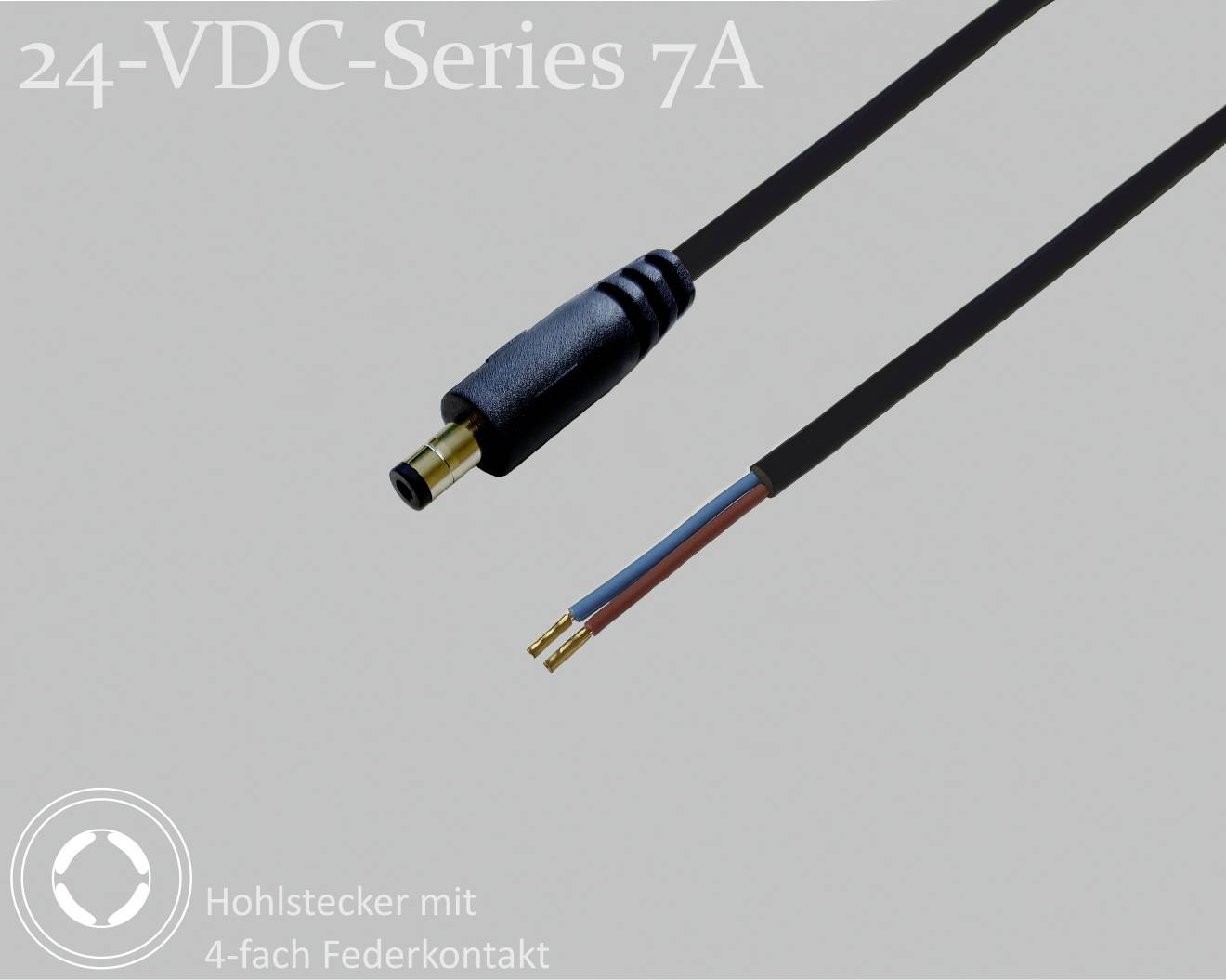 Kabel serii '24-VDC-Series 7A' z wtykiem cylindrycznym i 4-punktowym stykiem sprężynowym, przedstawiony z przyłączem zasilania i odkrytymi końcówkami przewodów.