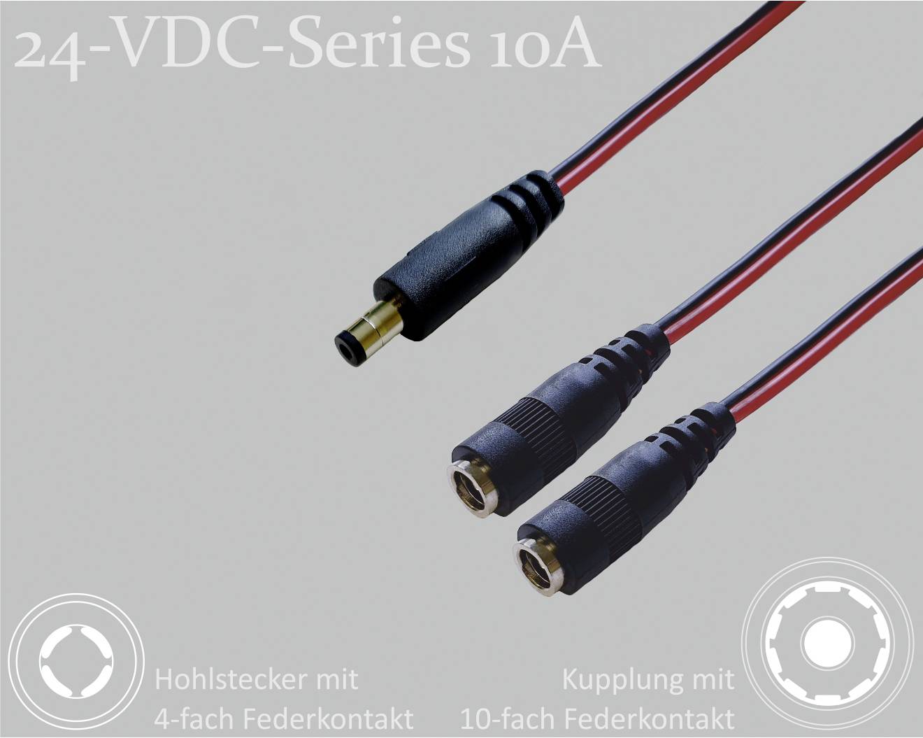 Komponenty wtyczek i złączy serii '24 VDC 10A', z gniazdem baryłkowym i 10-stykowym kontaktem.