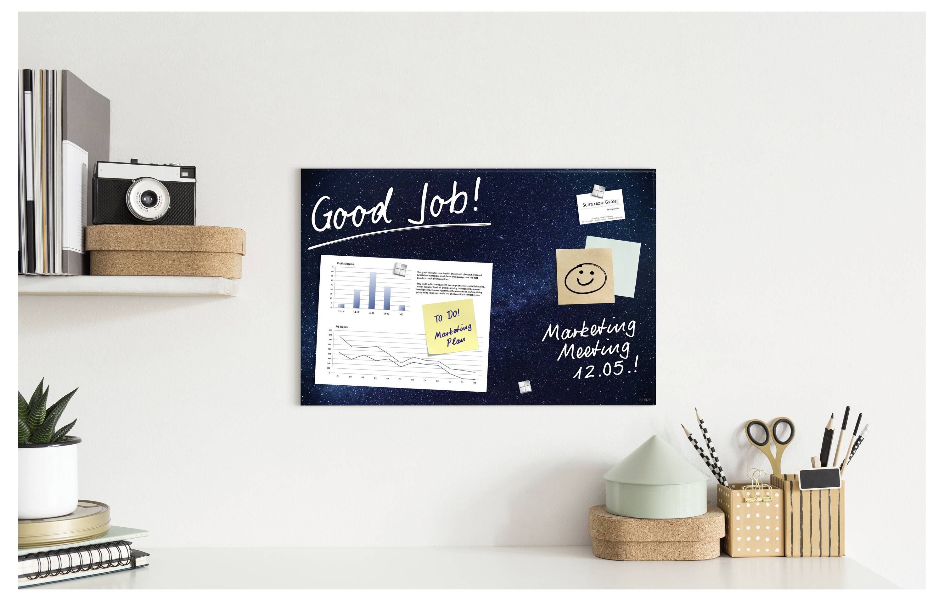 Biurko w home office z tablicą ścienną zawierającą napis „Dobra robota!" obok wykresów, karteczki samoprzylepnej i napisem „Spotkanie marketingowe 12.05!" pisanym odręcznie poniżej.