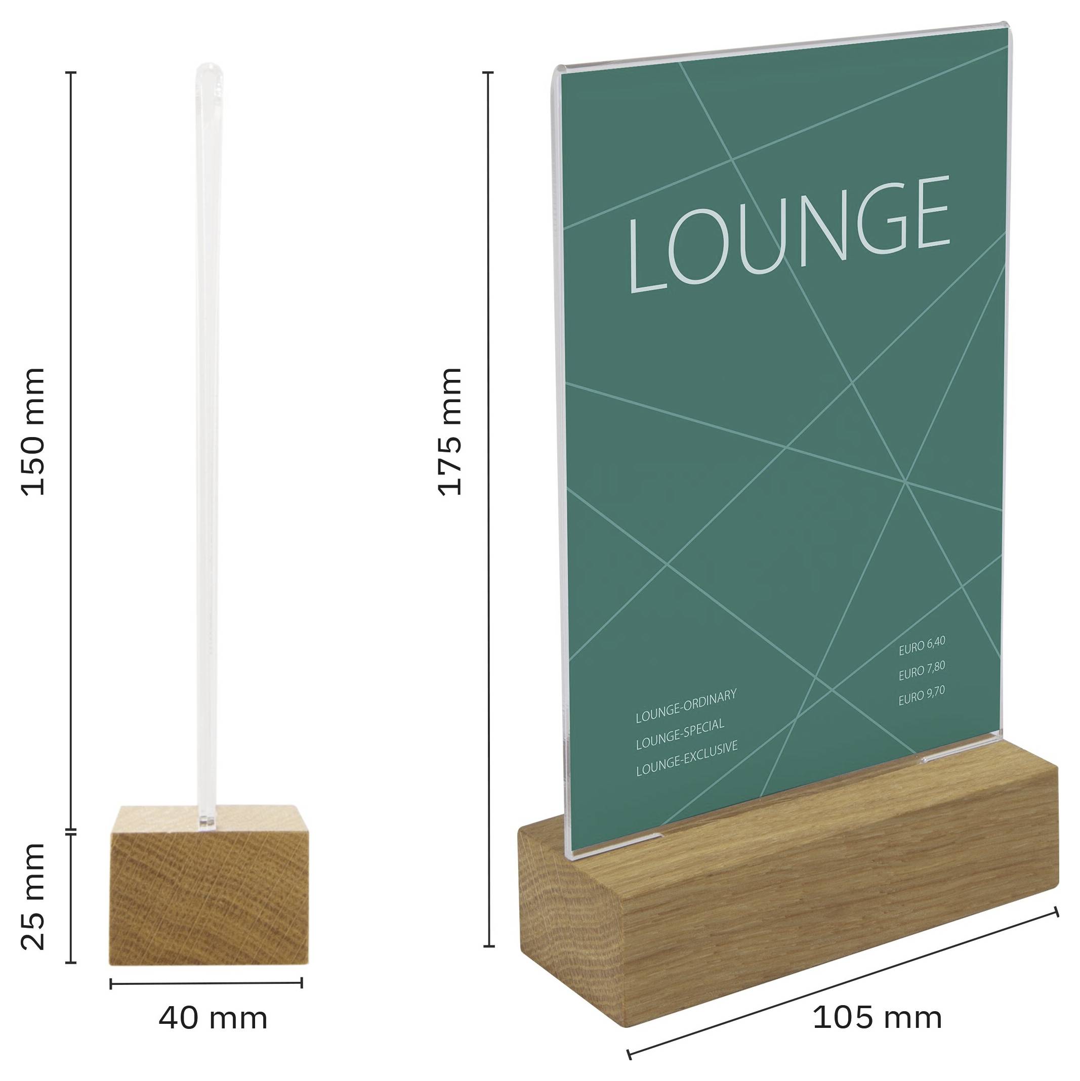 Wyświetlacz produktu z przezroczystym akrylowym uchwytem na znaki na drewnianej podstawie, pokazany z wymiarami: podstawa 105 x 25 x 40 mm, całkowita wysokość 175 mm.