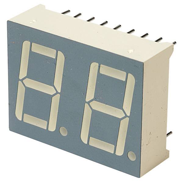 Siedmiosegmentowy wyświetlacz dwucyfrowy umieszczony w obudowie z pinami do montażu na płytce drukowanej.