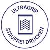 Obraz przedstawia logo w kształcie koła z napisem 'Ultragrip' u góry i 'Staufrei drucken' u dołu, wokół symbolu umieszczonego w centrum.
