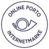 Logo z wyeksponowanym, stylizowanym pocztowym różkiem w centrum. Na górze napis: 'Online Porto'. Na dole napis: 'Internetmarke'.
