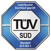 'Niebieska pieczęć kontroli TÜV SÜD dla drukarek laserowych, Standard IS-P-002-1, z tekstem: Sprawdzono przepływ drukarki laserowej.'