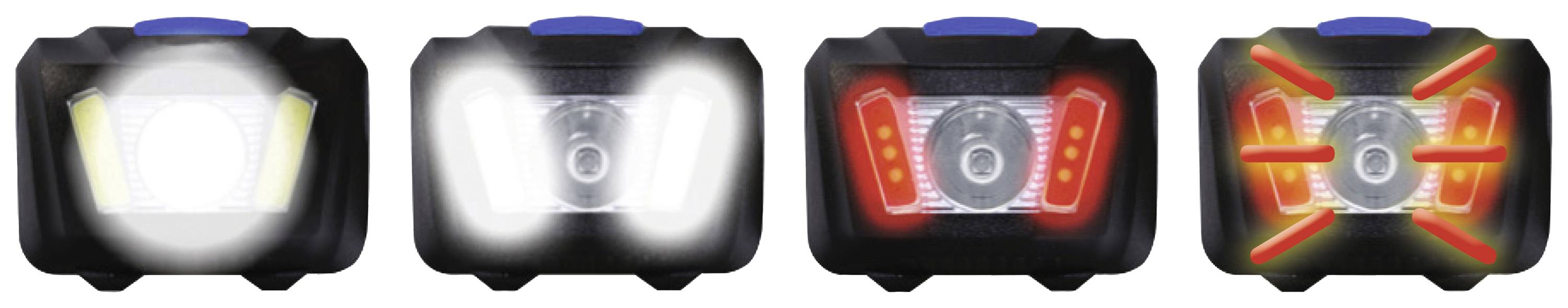 Cztery tryby latarki: białe światło, intensywne białe światło, czerwone światło oraz migające czerwone światło do użycia w sytuacjach awaryjnych.