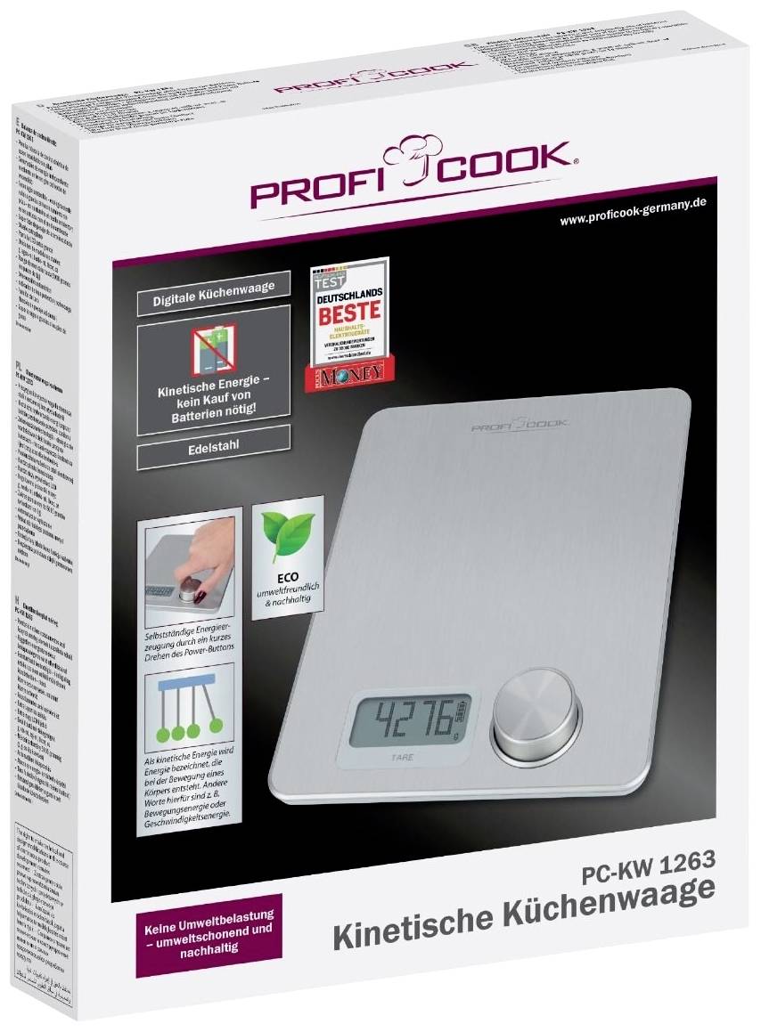 Цифрові кухонні ваги Profi Cook PC-KW 1263. Макс. діапазон вимірювання = 5000 г. Нержавіюча сталь. 233 x 188 x 30.