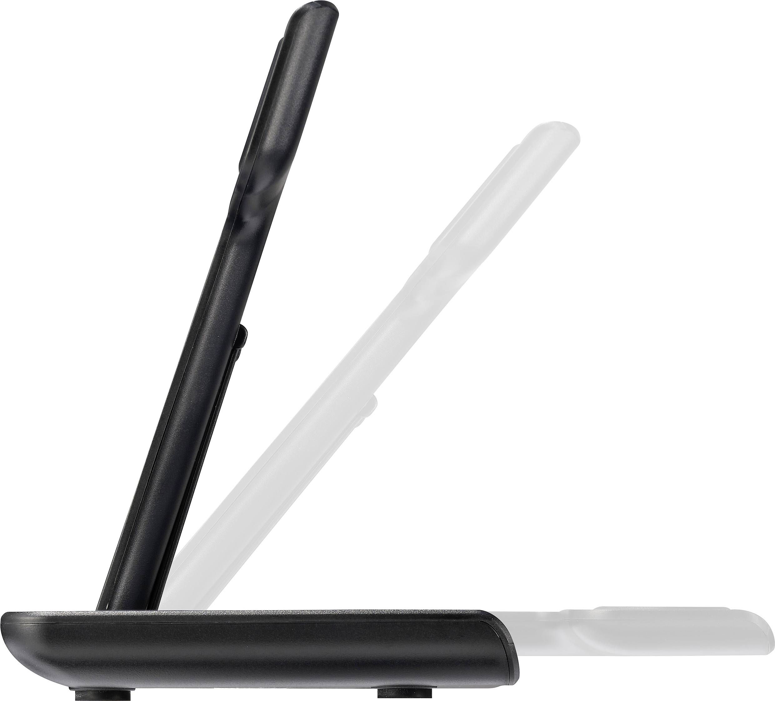 Czarny laptop jest pokazany z boku, ekran jest lekko uchylony. Tło jest jasne i rozmyte.