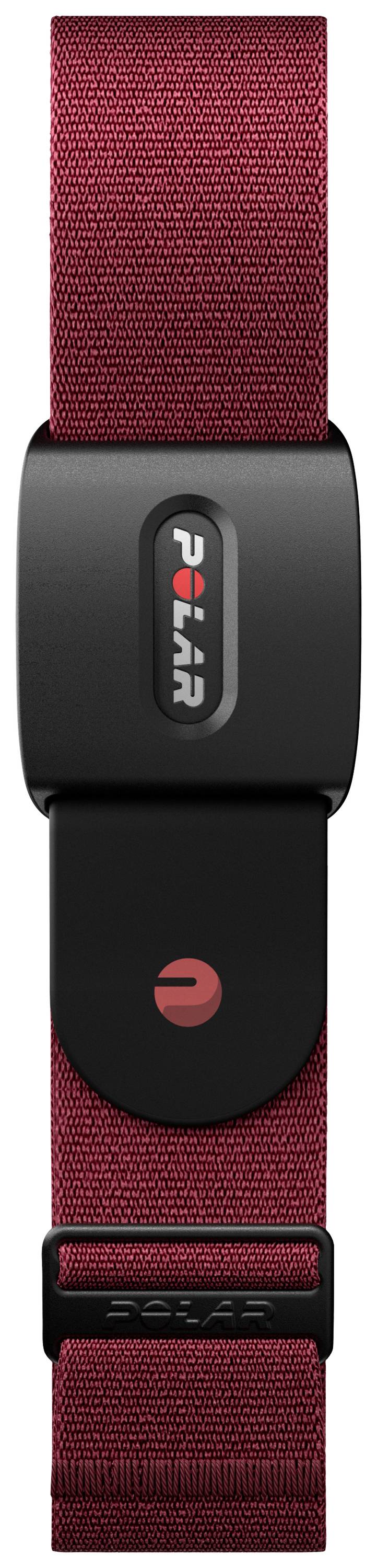 Czerwony tracker fitness z czarną obudową, zamocowany na pasku.