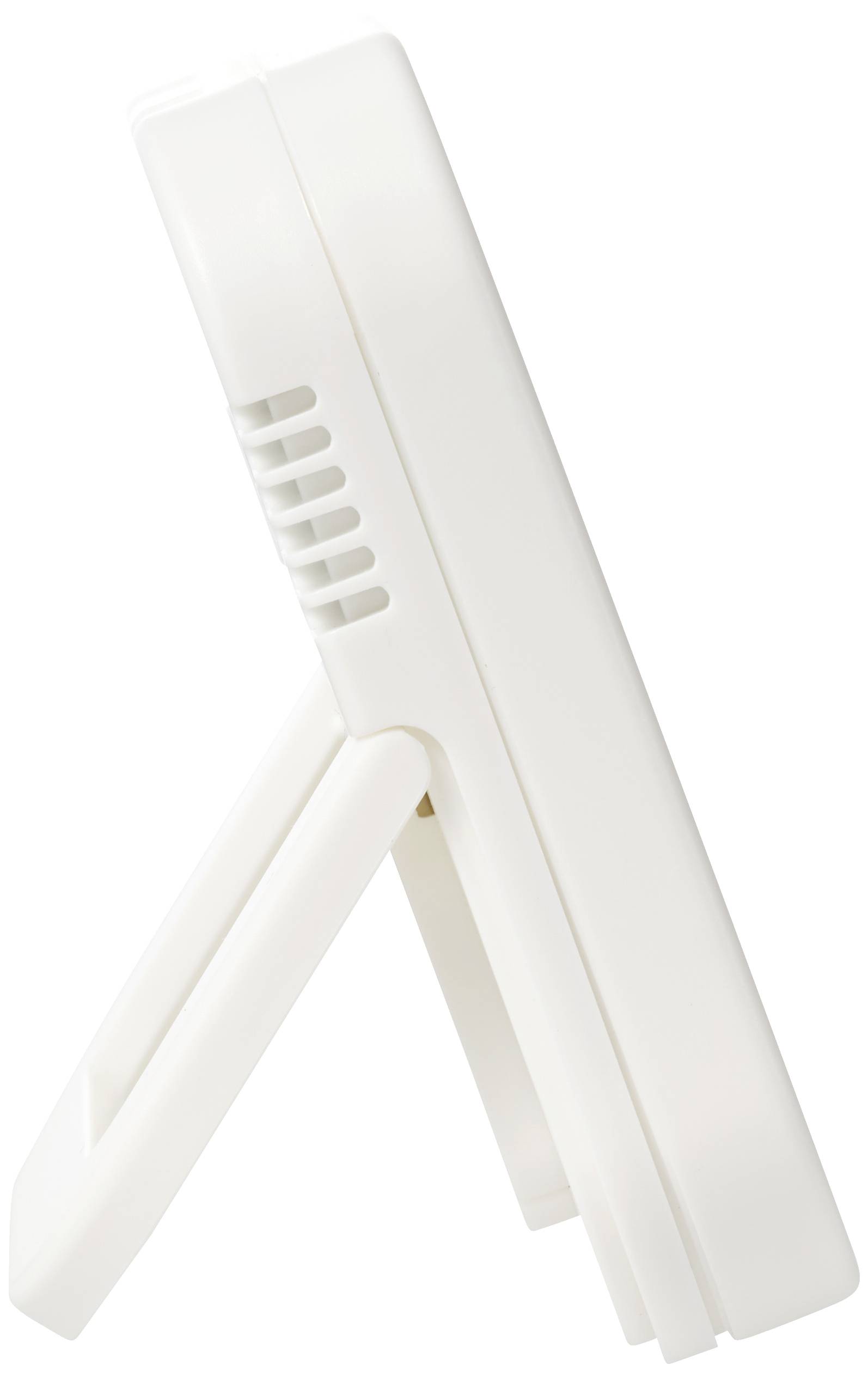 Białe, składane urządzenie stojące widziane z profilu. Może to być sprzęt biurowy lub domowy, z otworami wentylacyjnymi po bokach.