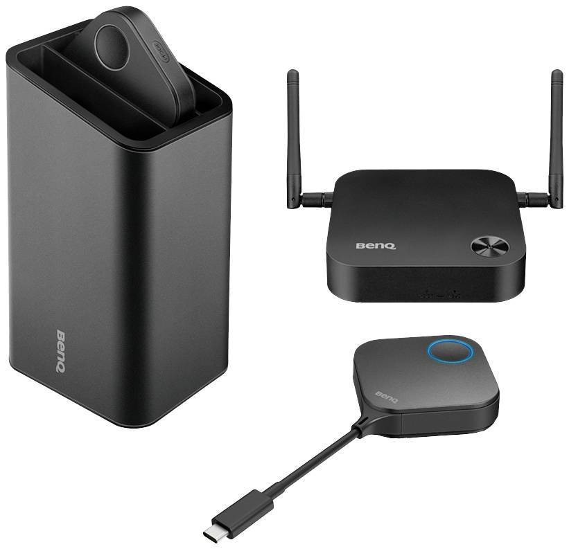 Bezprzewodowy system prezentacyjny BenQ z jednostką odbiorczą, nadajnikiem USB-C i ładowarką, przeznaczony do wykorzystania podczas konferencji.