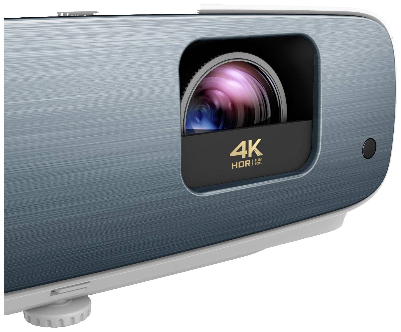 Zbliżenie profesjonalnego projektora 4K HDR o eleganckiej, nowoczesnej powierzchni. Widoczny obiektyw oraz złoty napis '4K HDR'.