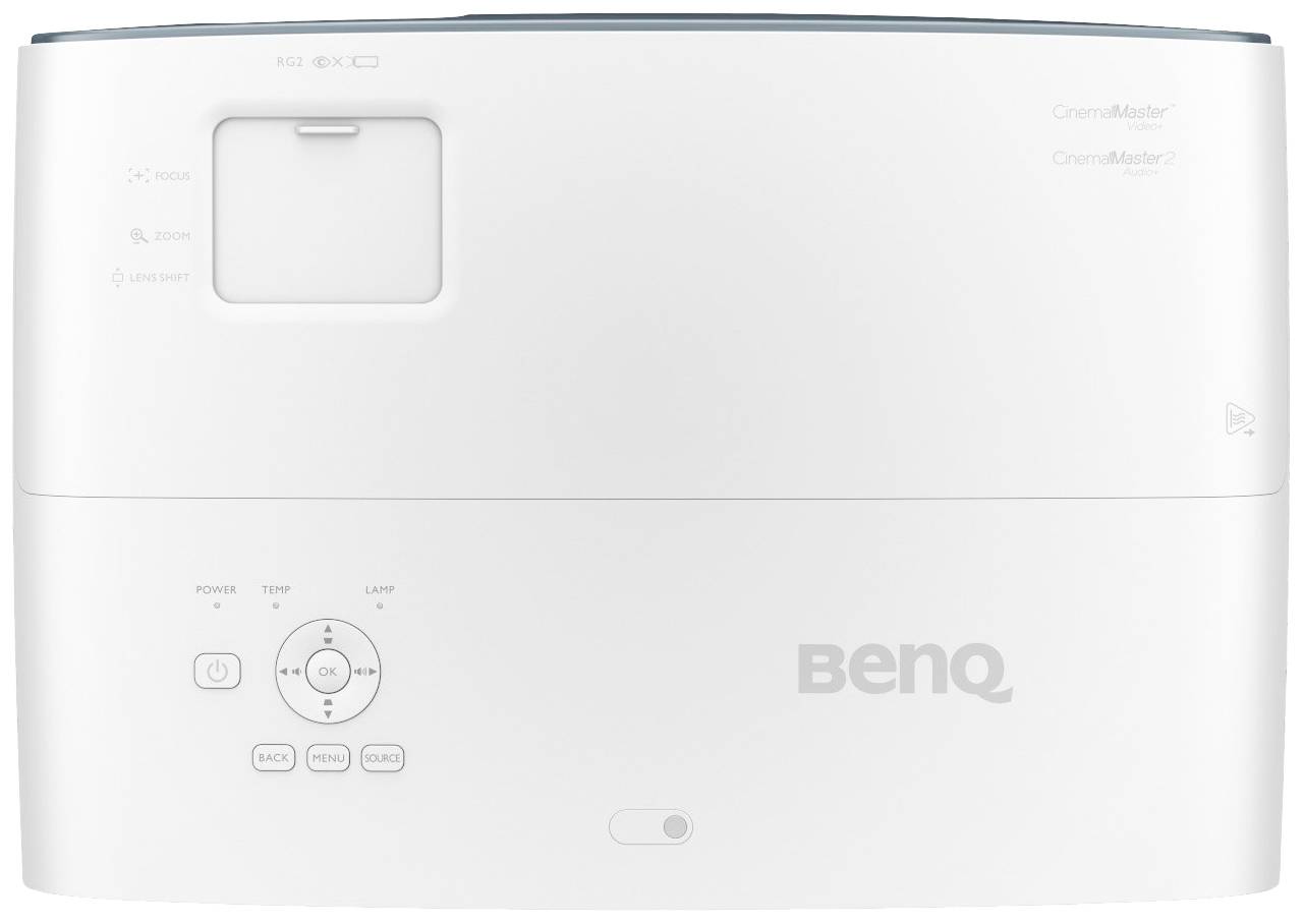 Biały projektor BenQ widziany z góry, z przyciskami sterującymi po lewej stronie i logo firmy na dole.