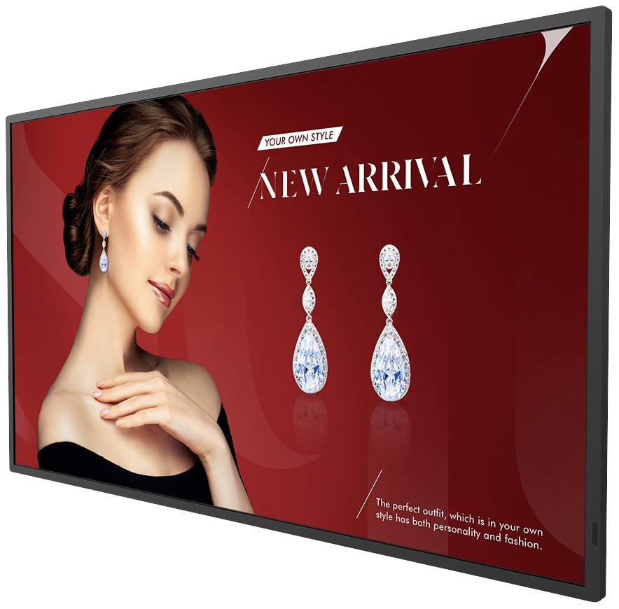 Reklama nowych kolczyków; uśmiechnięta kobieta nosi lśniące kolczyki na tle czerwonym z napisem 'Nowy Produkt'.