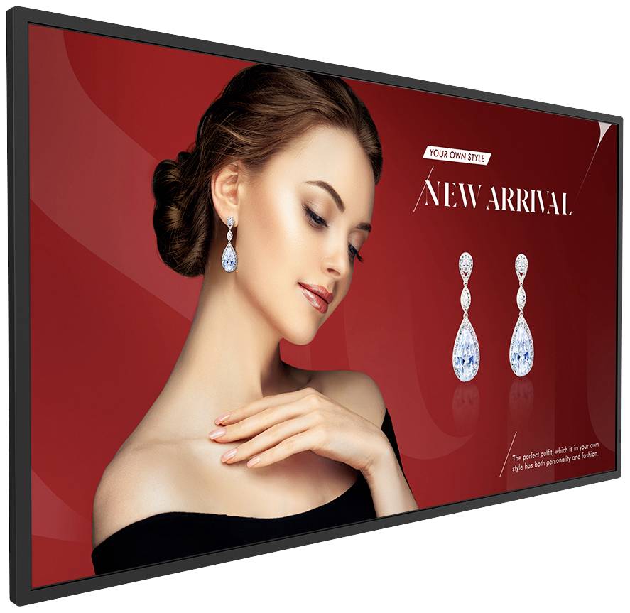 Kobieta z włosami zapiętymi w górze nosi eleganckie kolczyki na czerwonym tle. Napis: 'NOWY PRODUKT'. Wskazówka dotycząca nowego stylu biżuterii.