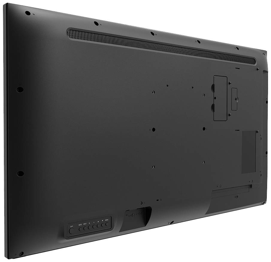 Odwrócony telewizor z płaskim ekranem, widoczny od tyłu z różnymi złączami i punktami montażowymi.