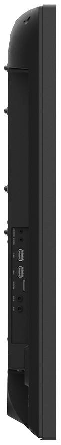 Widok z boku czarnego monitora z wieloma portami, w tym złączami HDMI i USB.