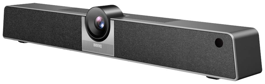 Kamera konferencyjna z szerokim głośnikiem, obiektywem centralnym i prostokątną bryłą, idealna do wideokonferencji w salach konferencyjnych.