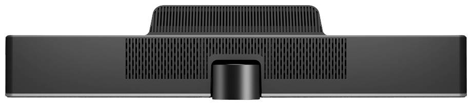 Widok z tyłu czarnego głośnika z otworami wentylacyjnymi i centralną, okrągłą podstawą.