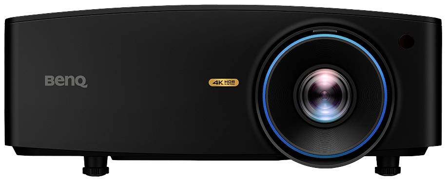 Czarny projektor BenQ w rozdzielczości 4K z funkcją HDR, sfotografowany z przodu.